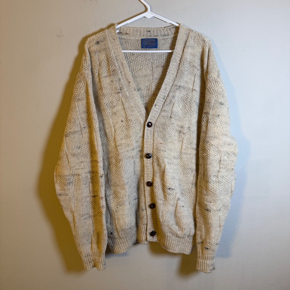 Vintage Pendleton Wool Cardigan Mens Large Cream Textured Knit Made in USA L